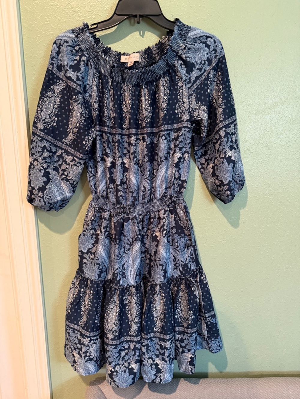 Philosophy Navy and Light Blue Paisley Smocked Waist Dress